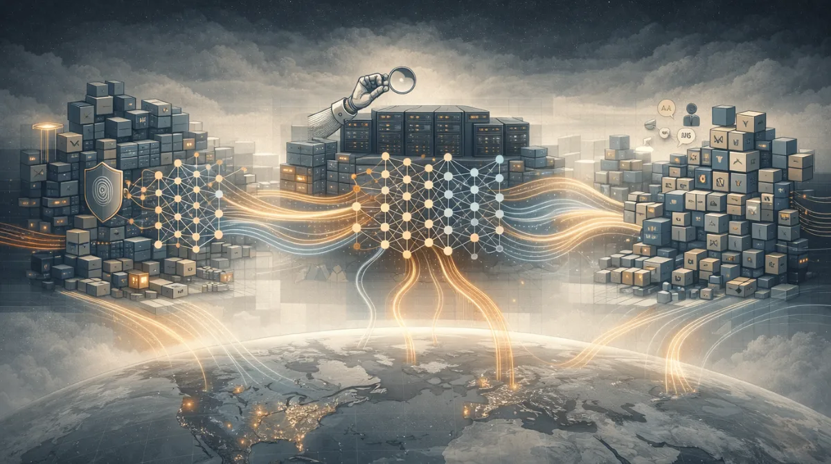 Editorial illustration showing advanced AI systems emerging across a global landscape, with neural networks, data streams, and compute infrastructure representing innovation and evaluation in artificial intelligence