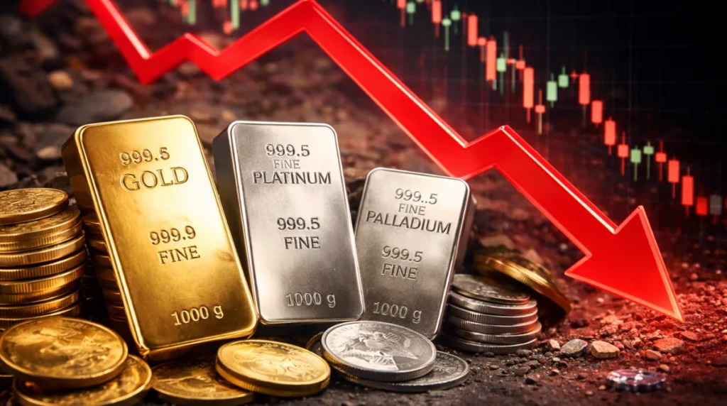 Gold, platinum, and palladium bars and coins with a downward market trend symbolizing a precious metals price sell-off