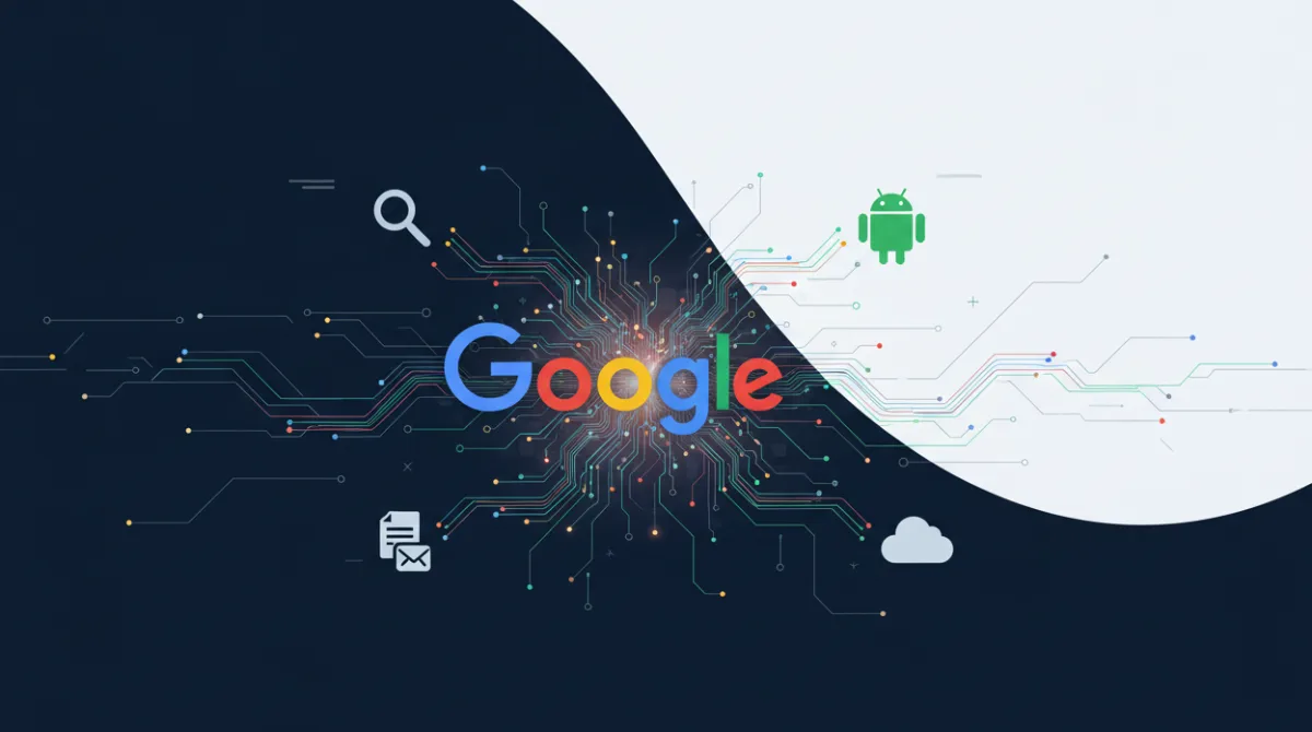 Google's AI brand strategy in 2026 showing Search, Android, Workspace, and Cloud connected through an AI neural network