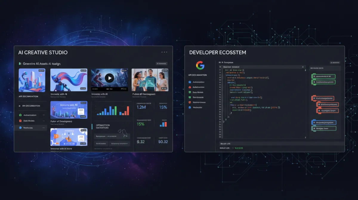 Google AI developer tools and advertising dashboard side by side showing API building blocks, campaign creation, and performance metrics powered by AI