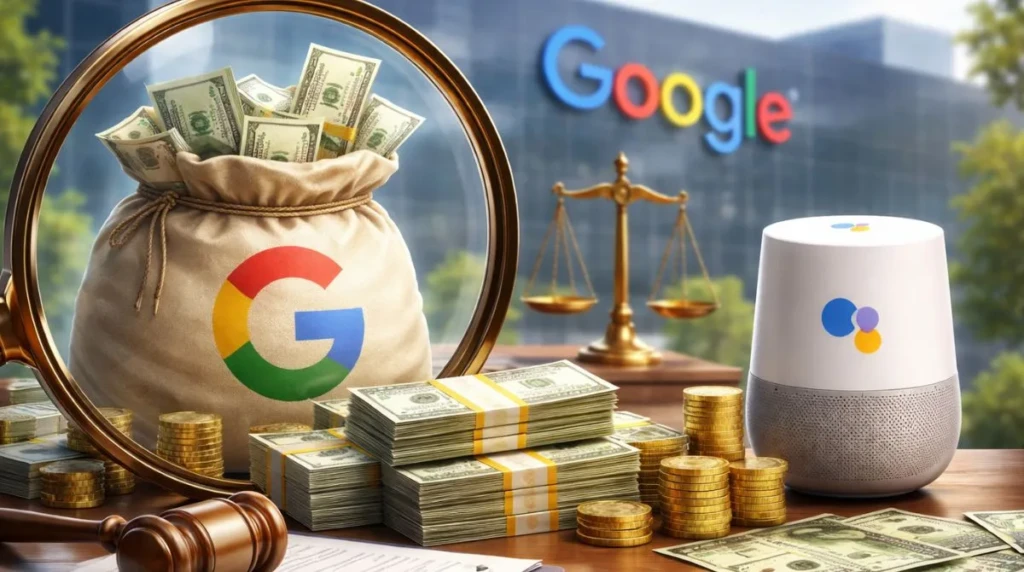 Editorial illustration showing Google Assistant privacy lawsuit settlement, with legal and data privacy themes surrounding Google