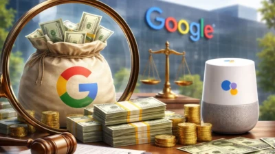 Editorial illustration showing Google Assistant privacy lawsuit settlement, with legal and data privacy themes surrounding Google