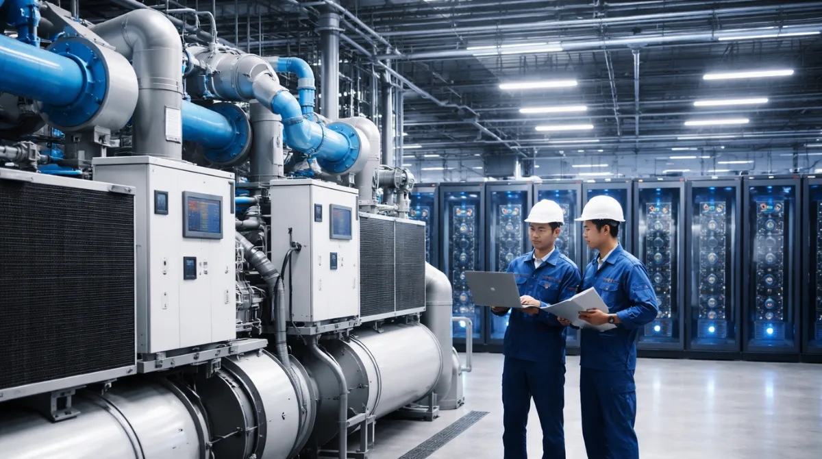 Engineers inspecting liquid-cooling equipment inside a modern AI data center with server racks and industrial piping