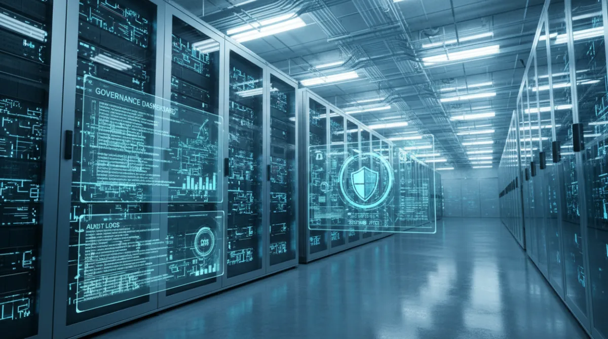 Google Cloud enterprise AI infrastructure showing data governance dashboards, security controls, and server architecture for business-grade AI deployment