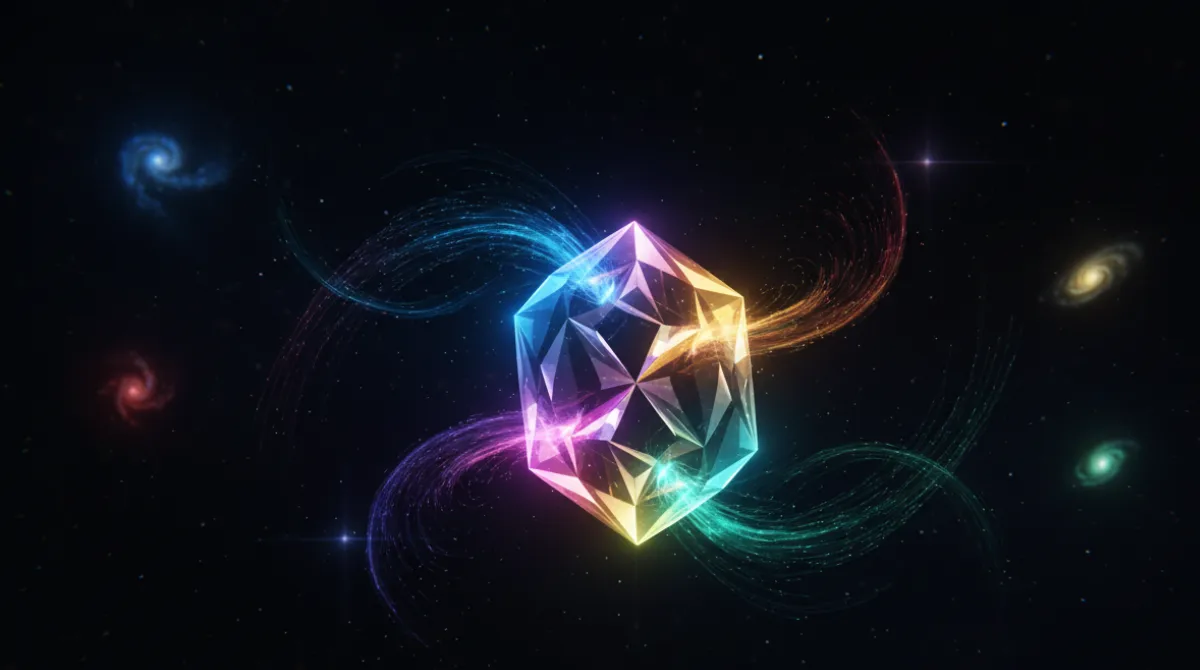 Google Gemini AI represented as a luminous gemstone radiating multicolored intelligence across Google's product ecosystem