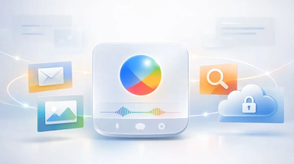 Illustration showing Google Gemini AI using personal app data for opt-in personalized responses with privacy-focused design