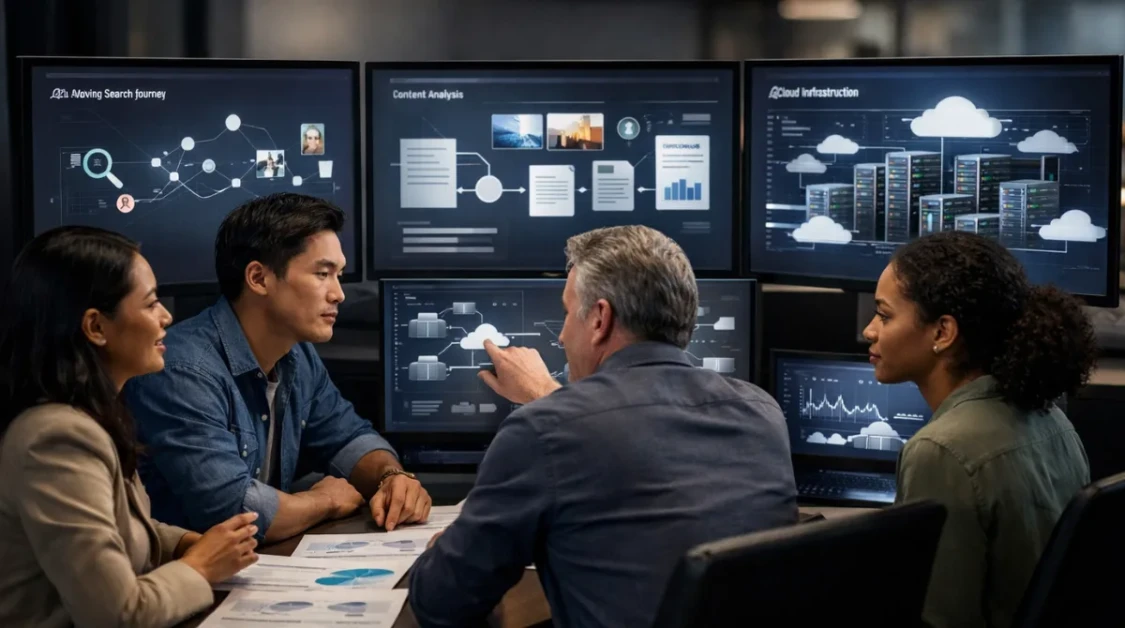 Team of professionals analyzing search behavior, SEO strategy, and cloud infrastructure impact in a modern office environment