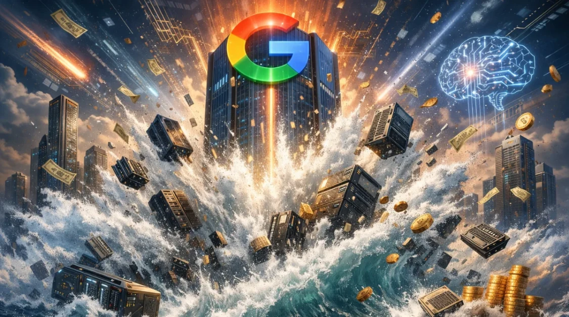 Futuristic illustration showing Google dominating AI investment with data centers, servers, and digital energy waves overpowering the tech landscape