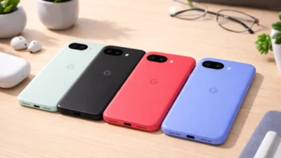 Google Pixel 10a smartphones in multiple colors displayed on a wooden desk showing rear design and front screen