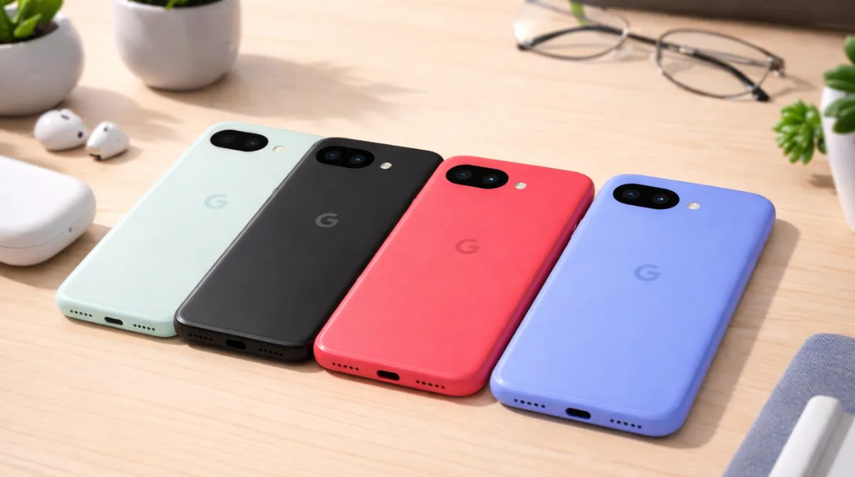 Google Pixel 10a smartphones in multiple colors displayed on a wooden desk showing rear design and front screen