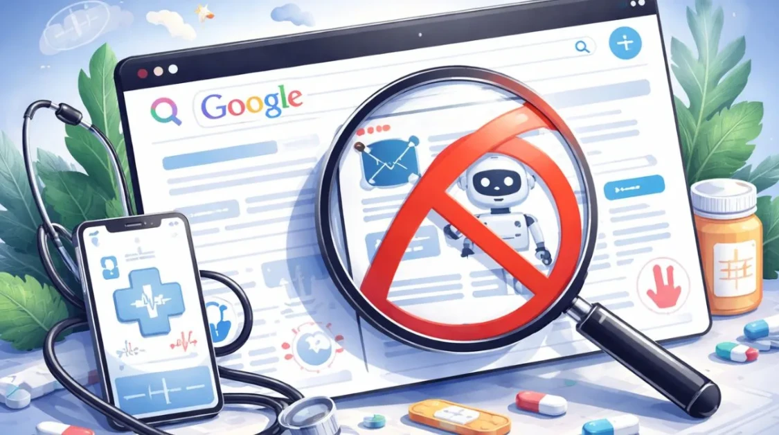 Illustration showing Google search results with AI-generated medical content removed, highlighting health information safety concerns