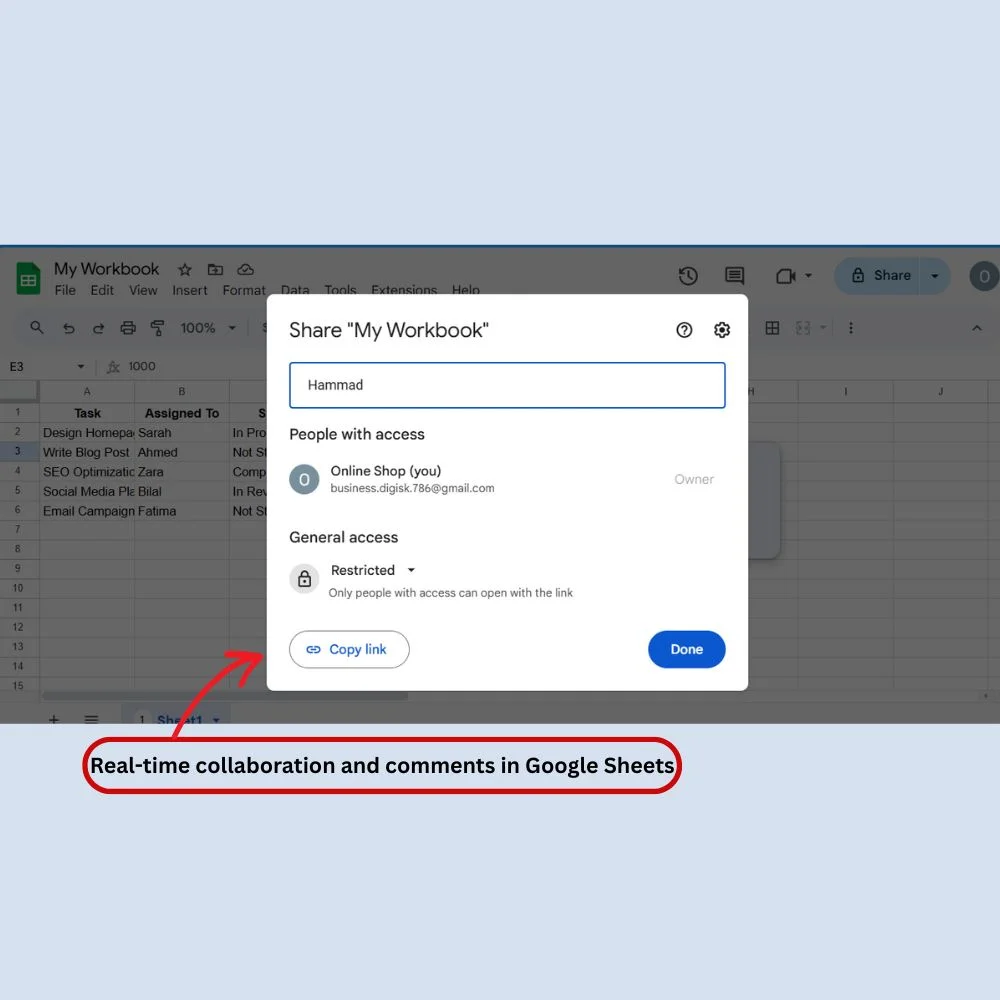 Google Sheets showing collaboration with share button and a comment on a cell