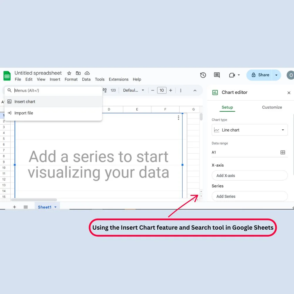 Google Sheets showing chart editor and search tool for inserting charts