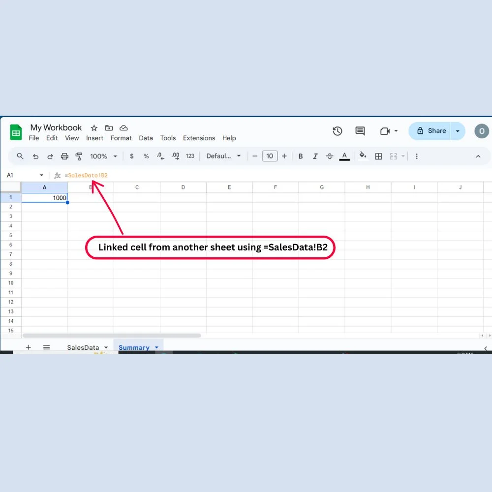 Google Sheets showing linked data between sheets using formula