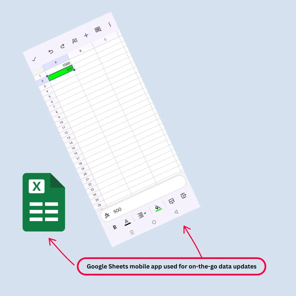 “Google Sheets mobile app interface showing data being edited on the go