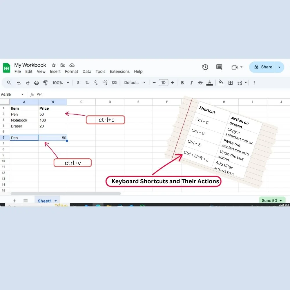 Google Sheets showing keyboard shortcuts like copy, paste and filter applied on a small table