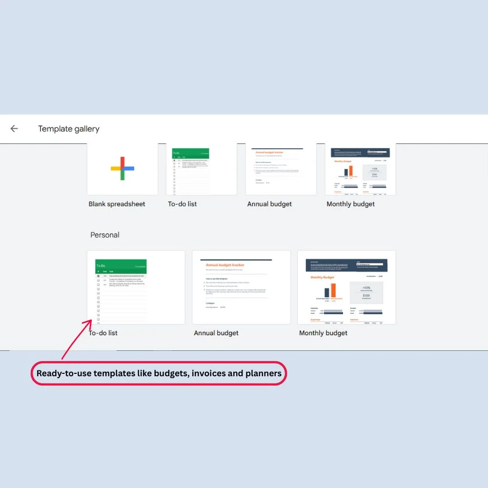 Google Sheets homepage showing built-in spreadsheet templates for different tasks