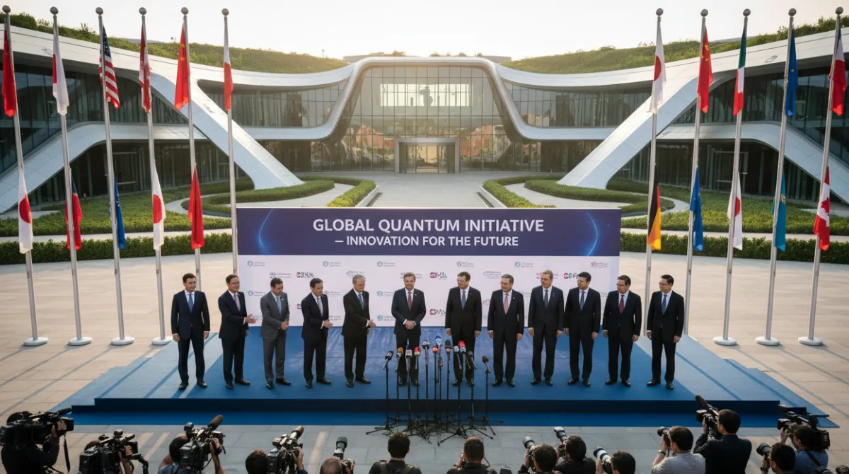 Government officials and scientists shaking hands at a national quantum research facility representing public funding and strategic investment in quantum technology