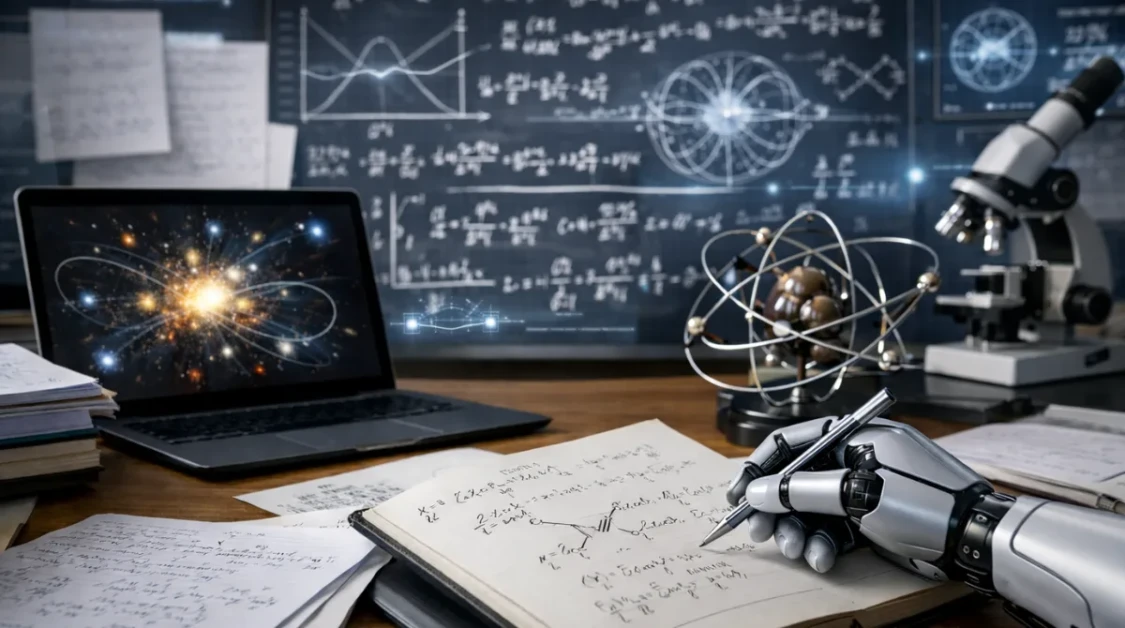 Robotic AI hand writing complex equations in a lab representing GPT-5.2 Theoretical Physics Result research process
