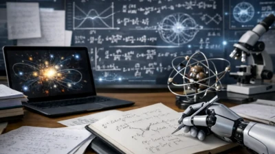 Robotic AI hand writing complex equations in a lab representing GPT-5.2 Theoretical Physics Result research process