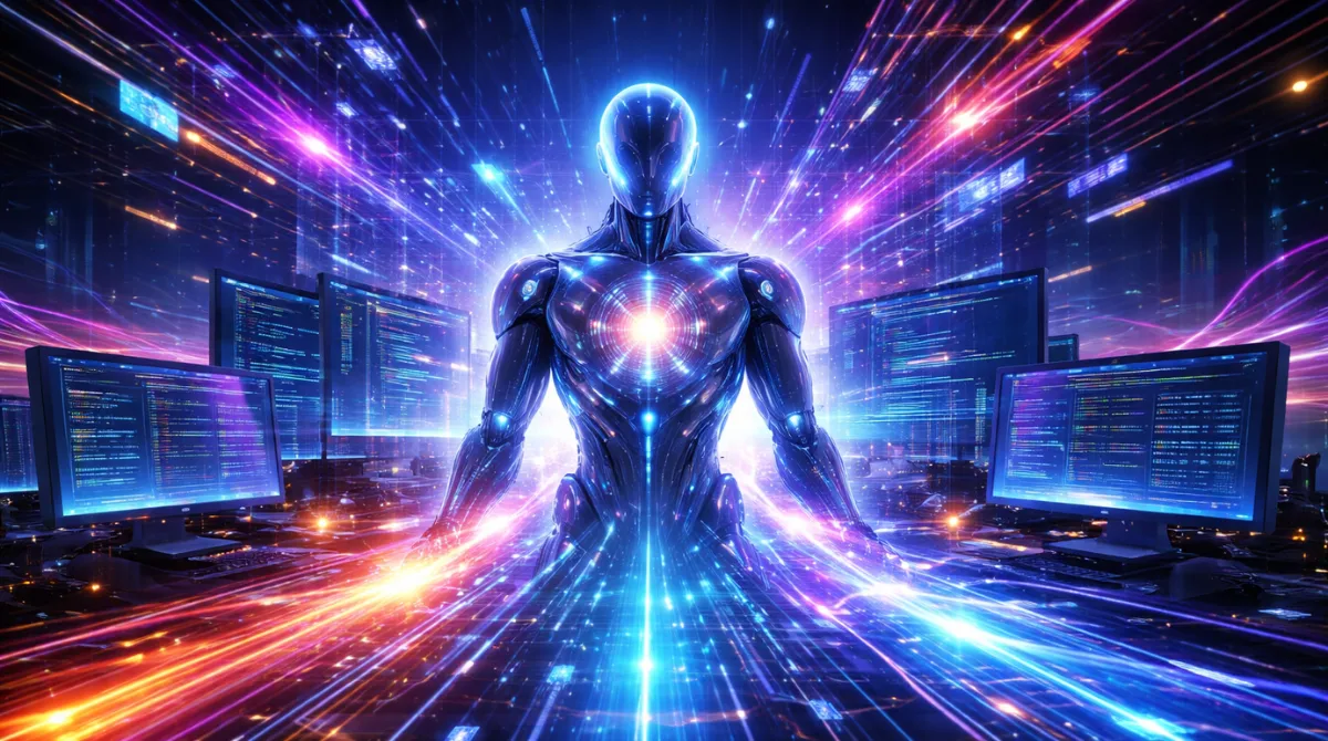 Futuristic AI coding agent surrounded by high-speed data streams and development screens symbolizing next-generation code intelligence