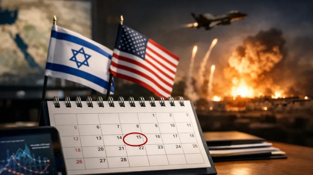 Desk calendar with the 28th circled in red beside US and Israeli flags symbolizing Grok AI Prediction of strikes