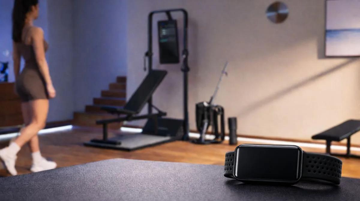 Black AI fitness strap placed on a table in a modern home gym with smart workout equipment in the background