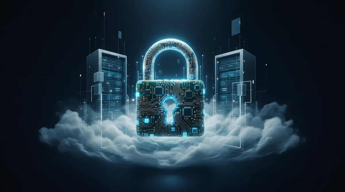 Minimalist padlock made of circuit board patterns and glowing microchip elements floating inside a cloud server environment, representing hardware-level cloud security