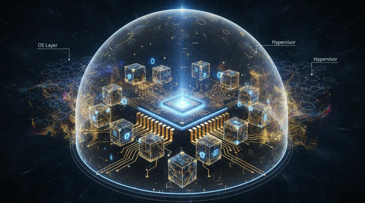 Glowing hardware enclave chip inside a server with encrypted memory blocks protected by a shield, showing OS and hypervisor layers unable to access protected workload memory