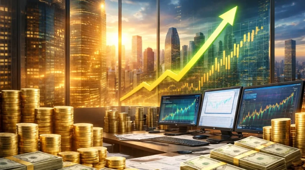 Luxury financial trading office with stacks of cash, gold coins, rising market charts on monitors, and a city skyline at sunset symbolizing record hedge fund profits