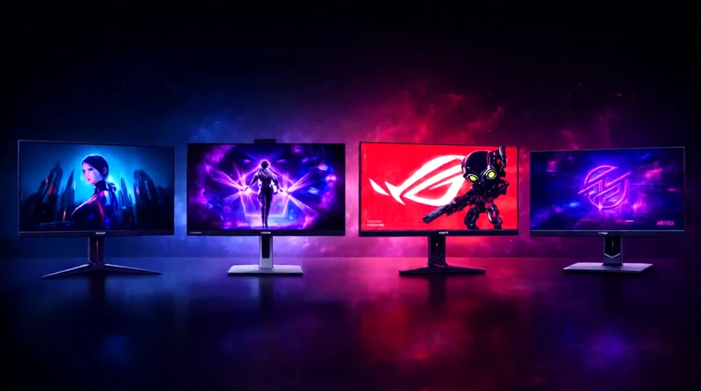 Multiple high-performance gaming monitors displaying colorful RGB graphics and esports-style visuals in a dark studio setup