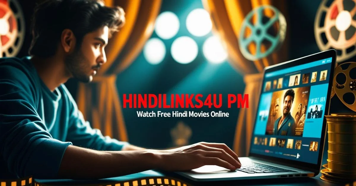 hindilinks4u pm image with person streaming a movie on laptop and film-themed background.