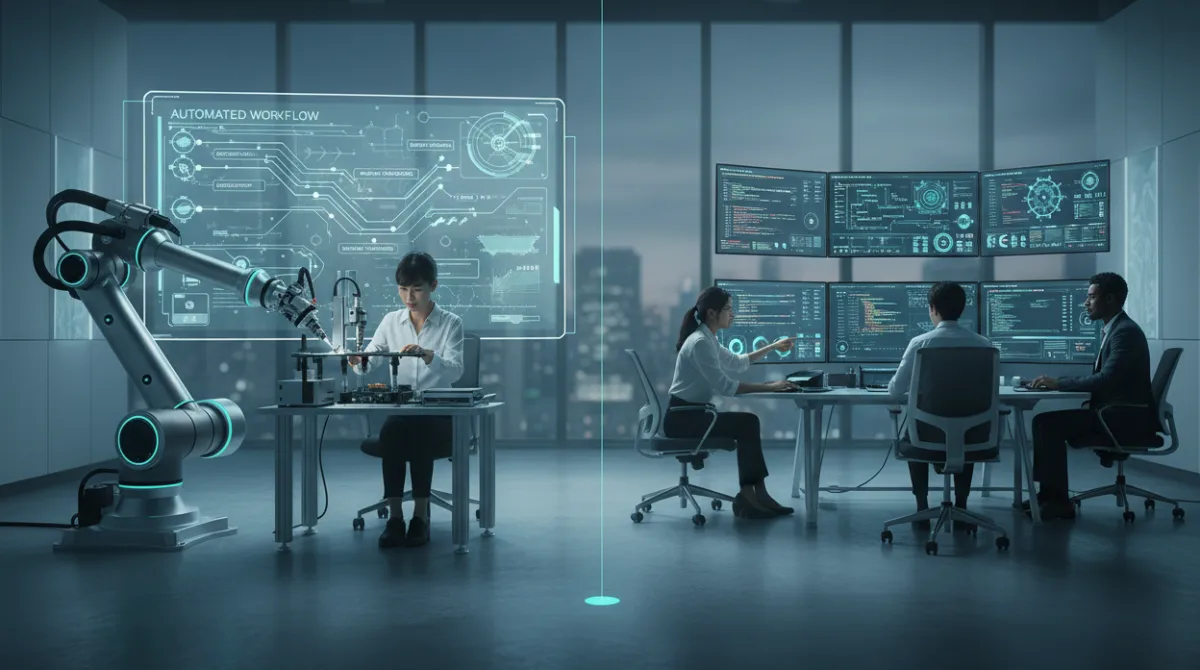 Modern tech workspace showing AI automation handling routine tasks on one side while a small team of specialized engineers works on data pipelines and AI dashboards on the other, illustrating how automation is reshaping hiring at tech companies