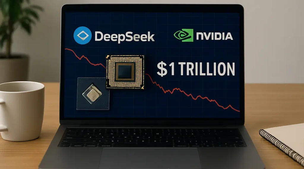 Laptop displaying AI market crash with Nvidia and semiconductor chips.