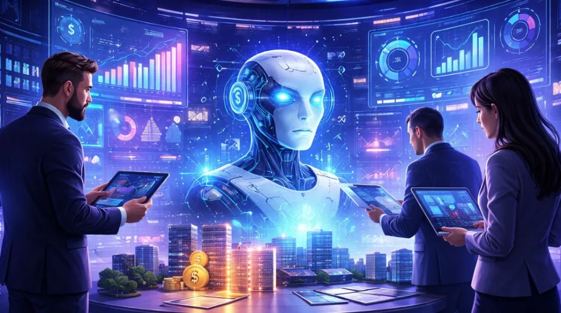 Futuristic illustration of investors analyzing an AI startup using digital dashboards, financial data, and artificial intelligence technology in a modern investment environment
