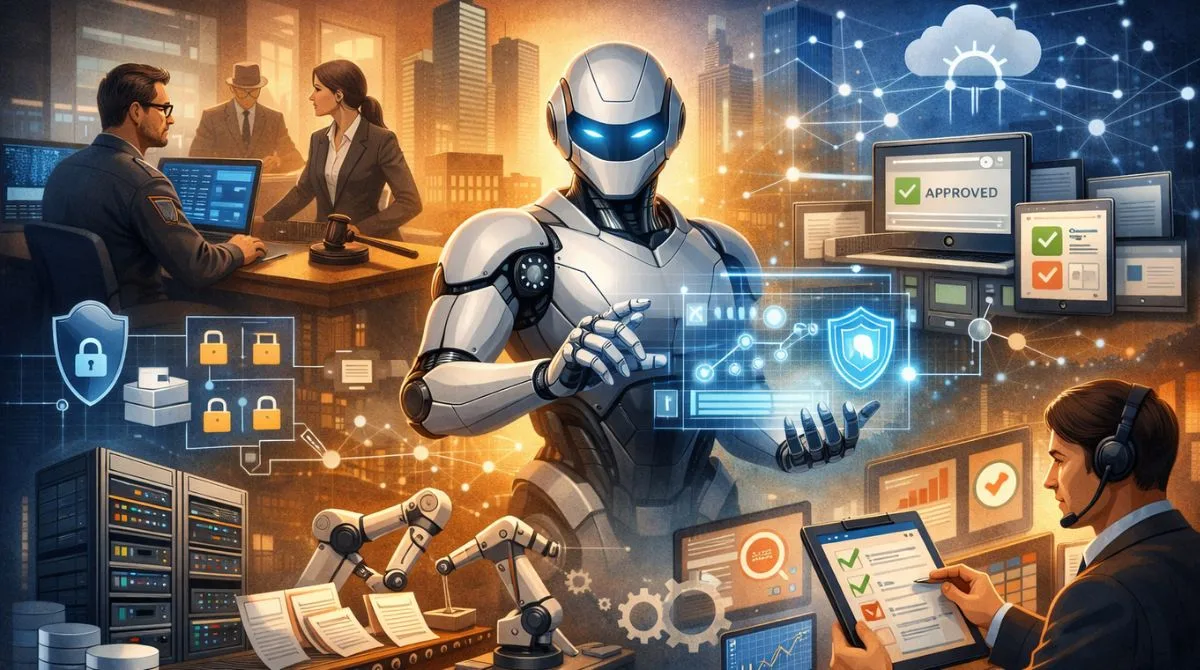 Illustration showing enterprise adoption of AI agents with human oversight, security controls, and automated workflows