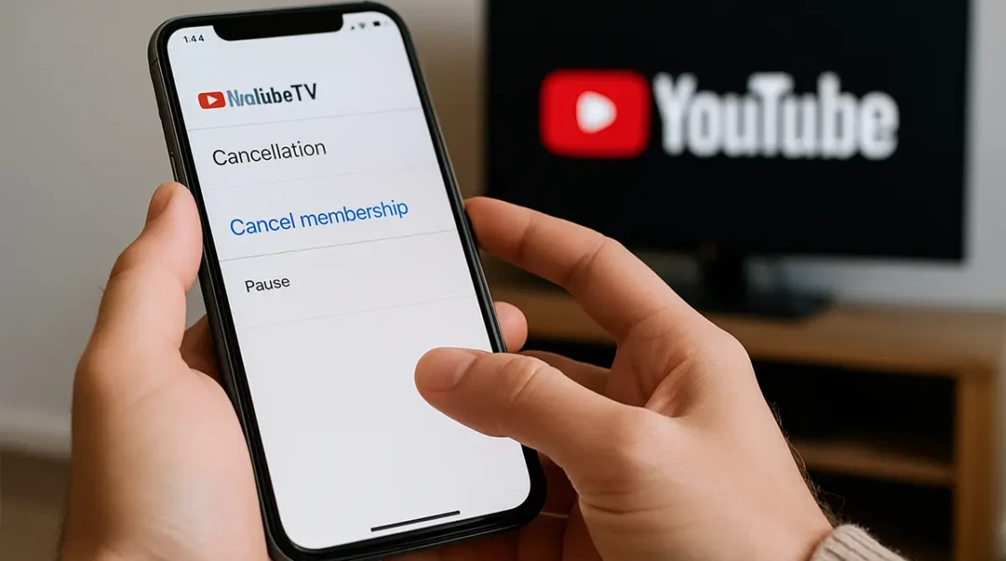 A person holding a smartphone showing the cancellation screen for YouTube TV.