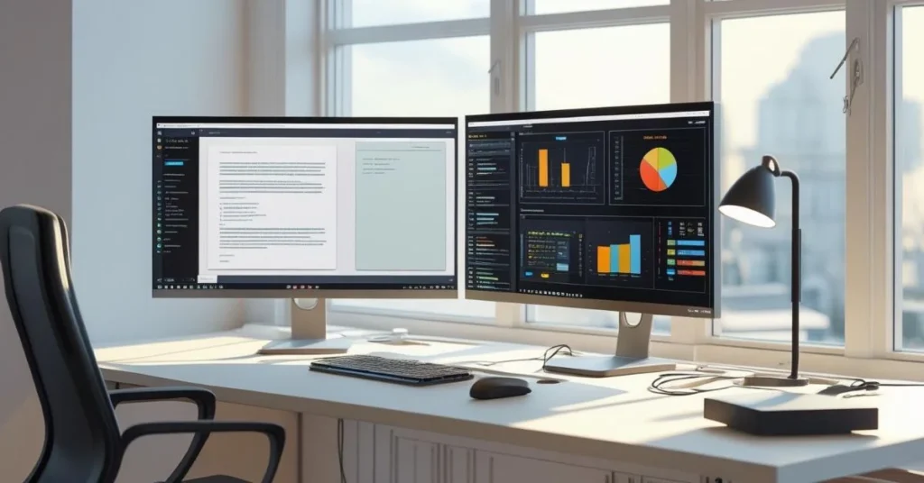 Dual monitor setup on a modern white desk with charts and documents displayed, in a bright office space with natural light.