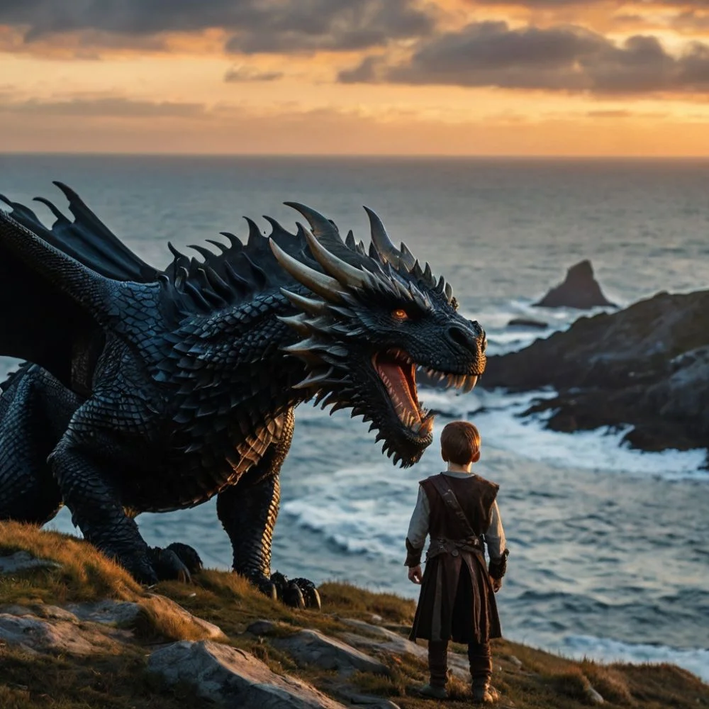 A young Viking boy stands beside a black dragon on a cliff at sunset, symbolizing courage and friendship.