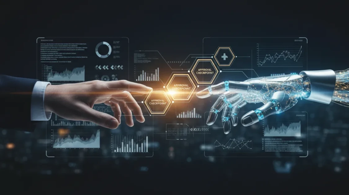 A human hand and a glowing AI hand reaching toward each other across a digital interface with workflow nodes and approval checkpoints