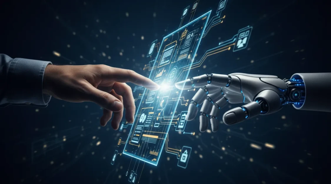 A human hand and a robotic AI hand reaching toward a glowing digital document, symbolizing the collaboration between humans and AI in automating office work.