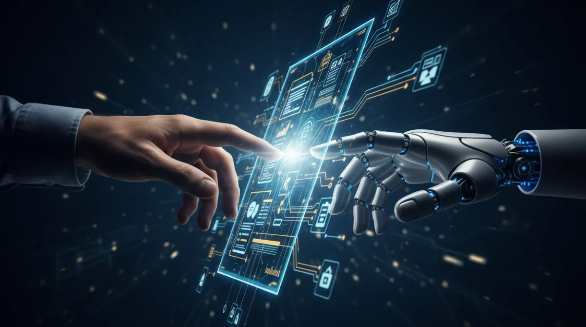A human hand and a robotic AI hand reaching toward a glowing digital document, symbolizing the collaboration between humans and AI in automating office work.