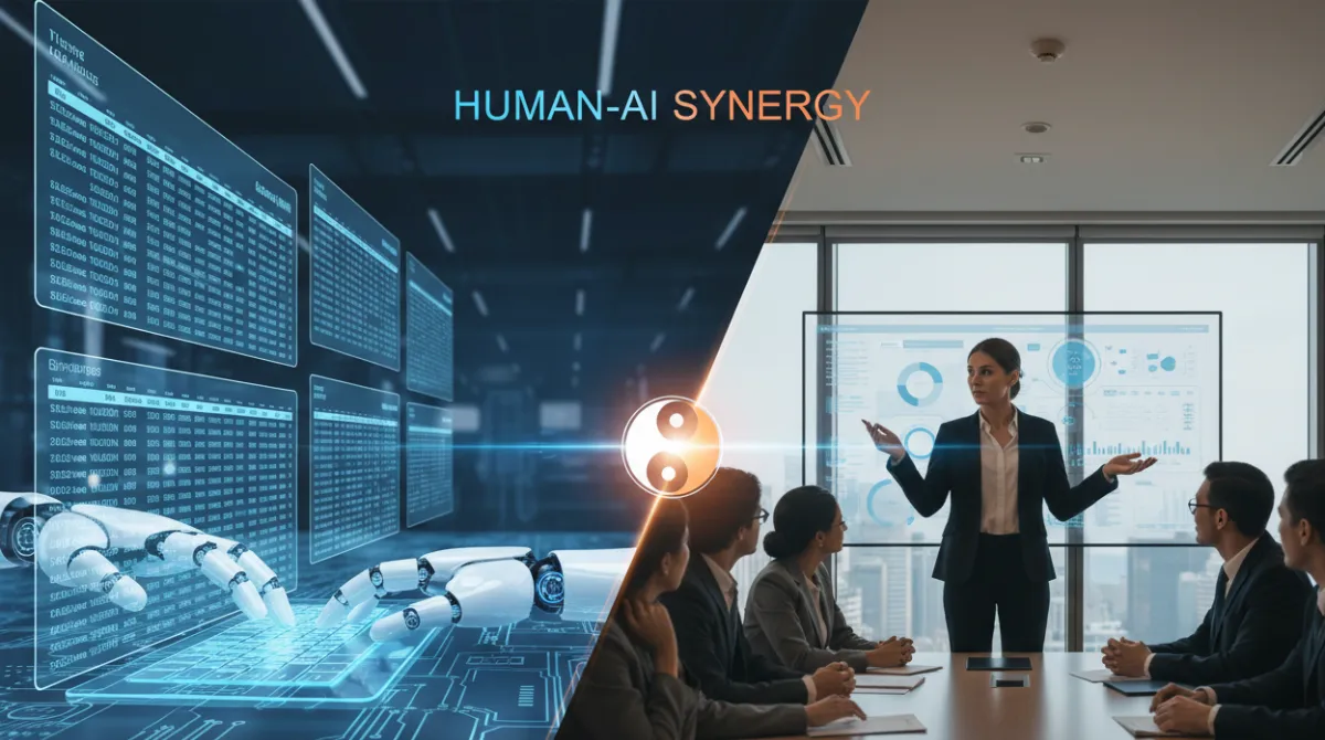  A split-scene image showing an AI system handling repetitive data entry on one side and a human professional making a strategic business decision on the other, representing the balance between automation and human judgment.