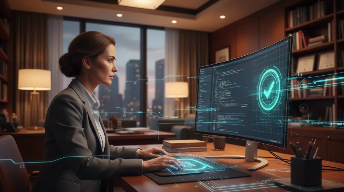 A business professional reviewing AI agent outputs on a monitor with an approval checkpoint interface, representing human oversight and governance