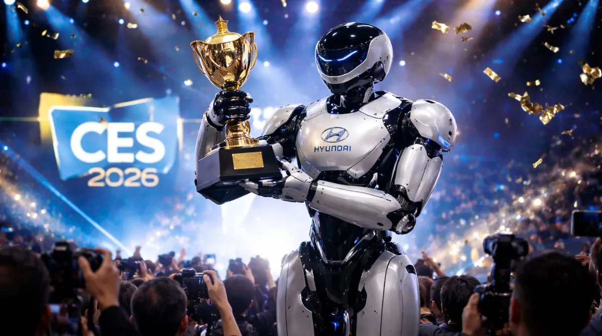 Hyundai Atlas humanoid robot holding Best Robot award on stage at CES 2026 technology event