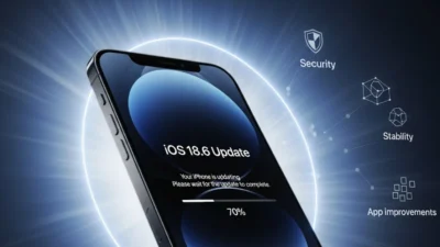 iPhone showing iOS 18.6 update screen with security and performance icons in a futuristic blue and silver background.
