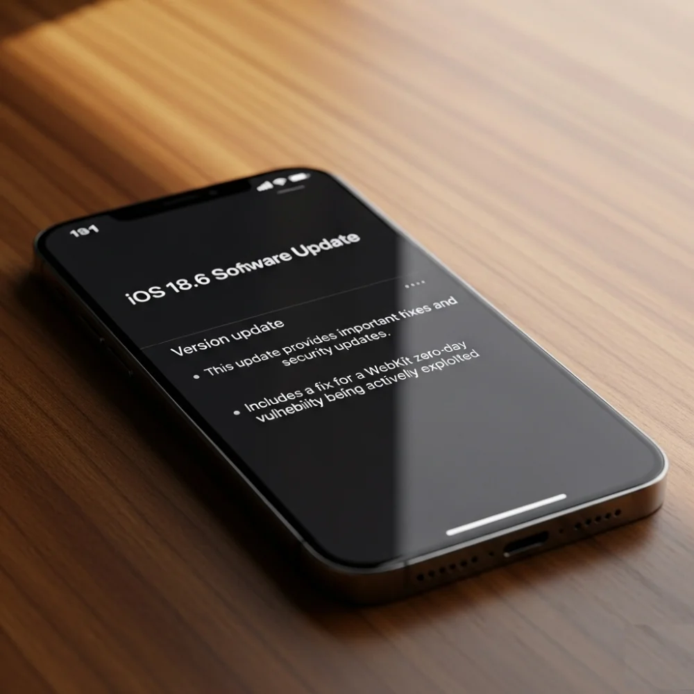 iPhone displaying iOS 18.6 Software Update with security fixes and WebKit zero-day patch on a white desk.