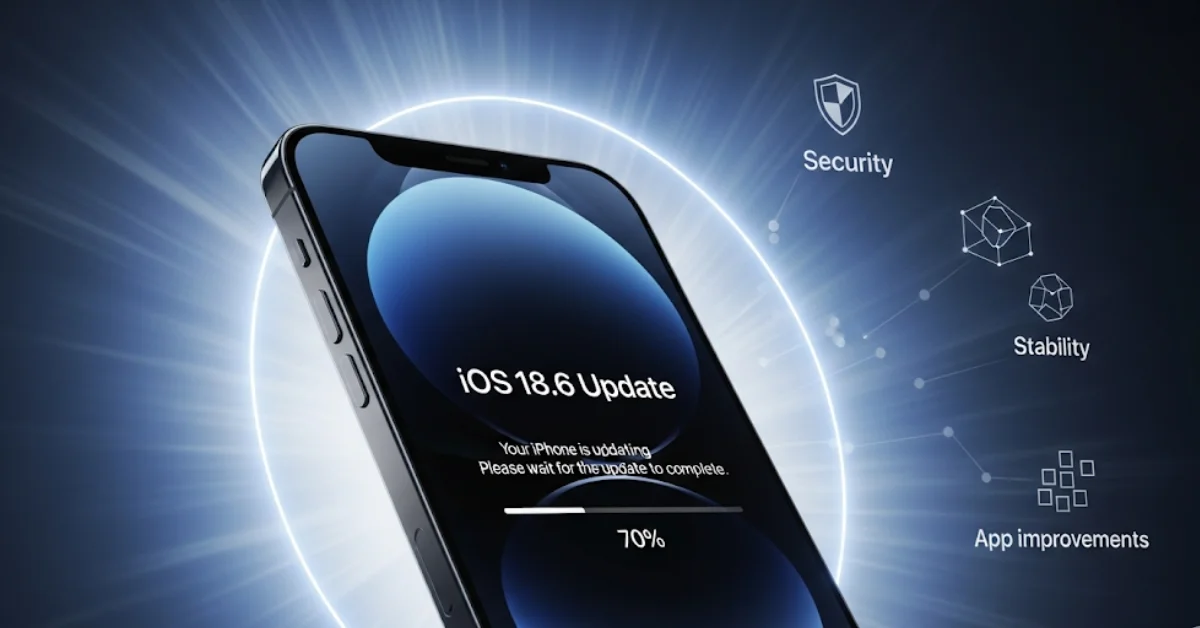 iPhone showing iOS 18.6 update screen with security and performance icons in a futuristic blue and silver background.