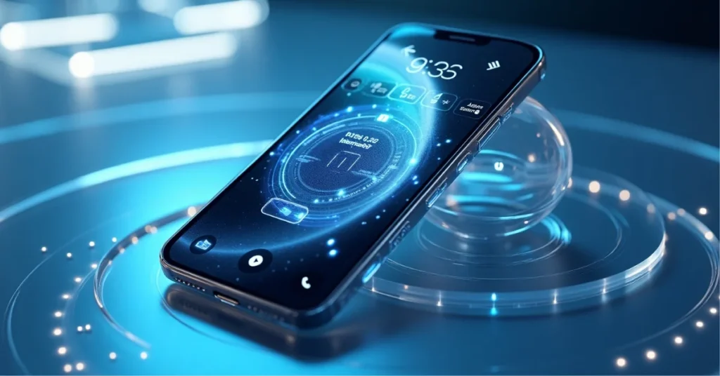 iPhone with iOS 26 showing Liquid Glass UI and AI features like call screening and live translation.