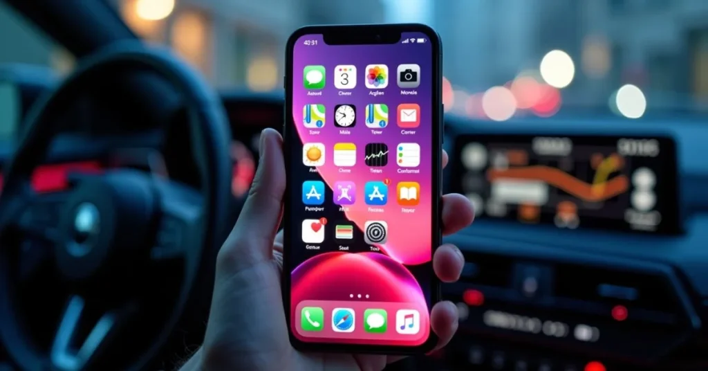 iPhone displaying iOS 26's new design and CarPlay enhancements.